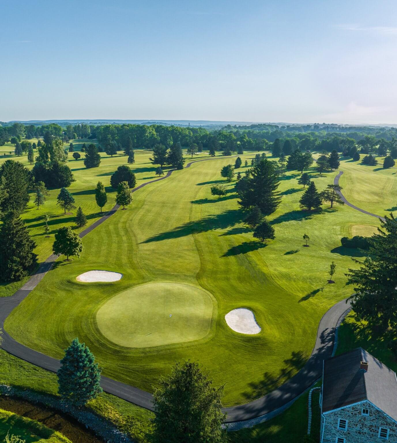 The par-5 9th from the air