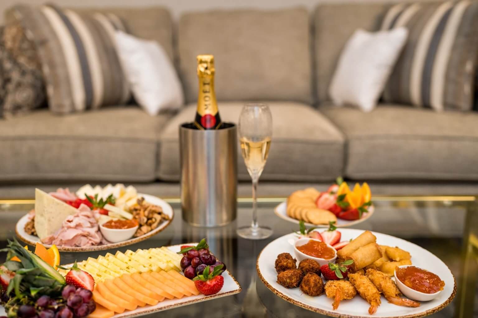 Champagne, fruit and hors d'oeuvres for the bridal party
